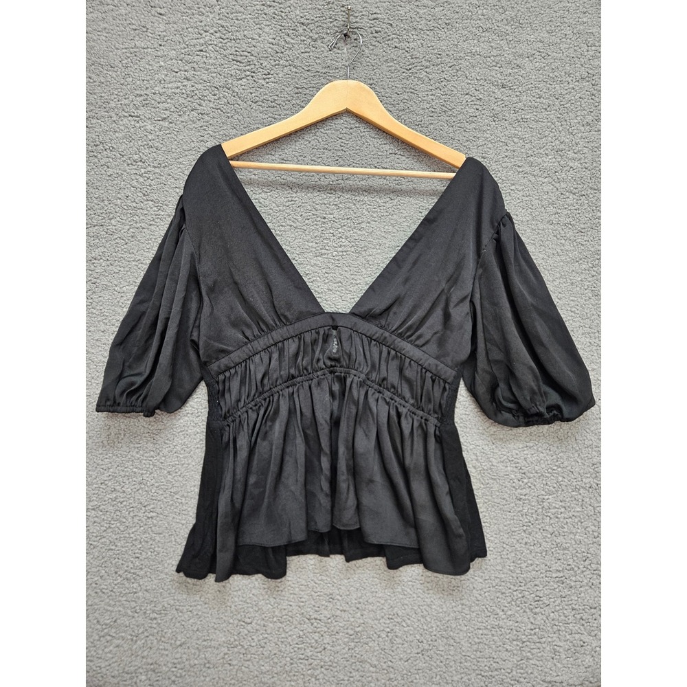 Dolan Blouse M Black Deep V-Neck Puff Sleeve Peplum Empire Waist Boho Regency